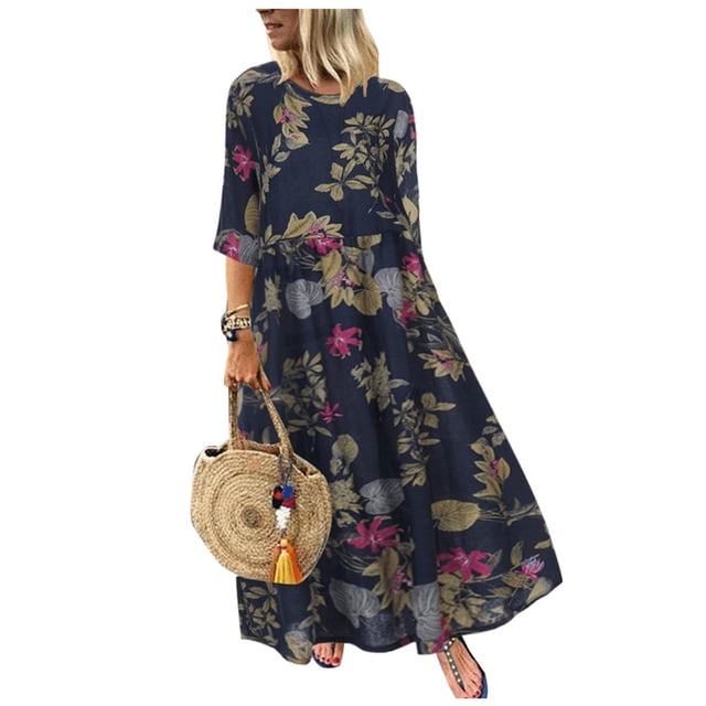 Robe Longue Maxi Boho Décontractée en Coton et Lin à Manches 3/11 à Fleurs pour Femmes