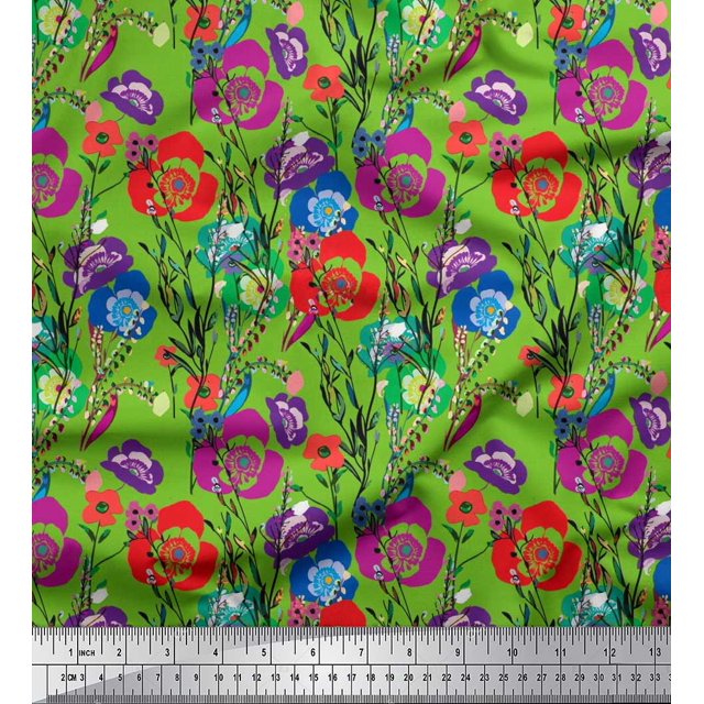 Soimoi Tissu en Coton Cambrique Feuilles & Coquelicot Floral Imprimé 1 Yard 56 Pouces de Large