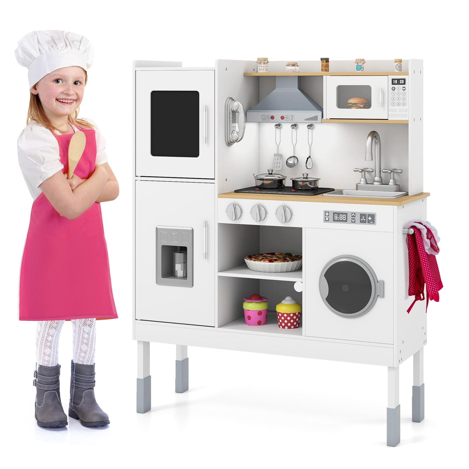 Gymax Kids Pretend Kitchen Play Set Toddler Toy Wooden Chef Height Adjustable w/Sounds Natural