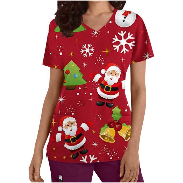 Pisexur Tuniques Médicales pour Femmes Grande Taille Noël Col en V Décontracté Manches Courtes Imprimé Poches Hauts Blouse Uniforme Chemises de Travail Tuniques Médicales
