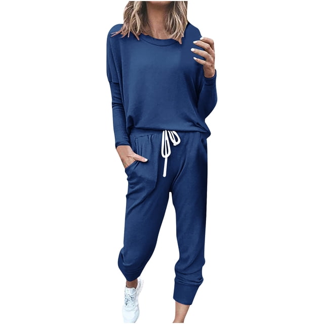 Womens Printing Round Neck Long Sleeve Solid Two-piece Comfortable Home Pajamas Pocket Set Sports Set
