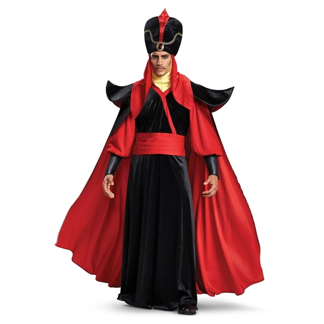 Costume pour Homme Disney Aladdin Jafar Comprenant une robe Noire Veloutée avec un devant à faux Revers et un cummerbund Rouge Plissé. Comprend des Manches Bouffantes avec des Poignets Ajustés, une cape Rouge Dramatique avec un Col en Mousse à Visière, et un turban en Mousse avec un faux Gemme Rouge et des accents Satinés. sous Licence Officielle et Fabriqué en Tissu 100 % polyester et en Mousse de Polyuréthane.
