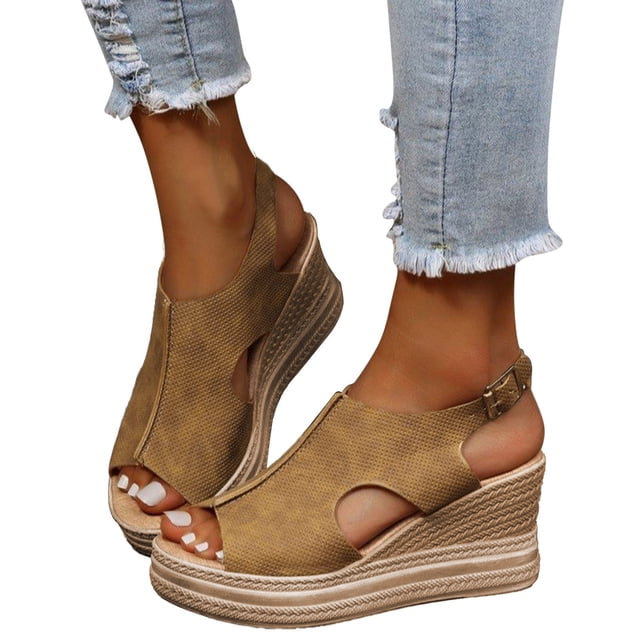 Kcodviy Ladies Solid Color Hollow Womens Wedge Sandals Out Leather Open Toe Womens Arch Support Sandals Buckle Wedge Heel Sandals