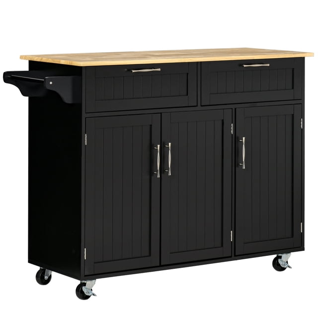 HOMCOM Îlot de Cuisine, Chariot Utilitaire de Service avec 2 Tiroirs de Rangement, Noir. un Chariot de bar Polyvalent avec un Cadre Moderne en MDF Noir avec un Comptoir en Bois d'Hévéa Naturel. Comprend Deux Tiroirs à Glissement Facile, Trois Armoires Dissimulées avec Tablettes Ajustables, un Barre à Serviettes et Quatre Roulettes à Roulement Fluide avec Deux Freins Verrouillables pour la Stabilité. Dimensions : 47,75 Pouces de Large, 18 Pouces de Profondeur et 35,75 Pouces de Hauteur.