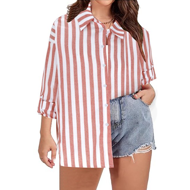TIMIFIS Chemises à Manches Longues pour Femmes Grande Taille Chemise à Rayures Boutonnée Automne Décontractée Col Rabattu avec Manches Ajustables Hauts