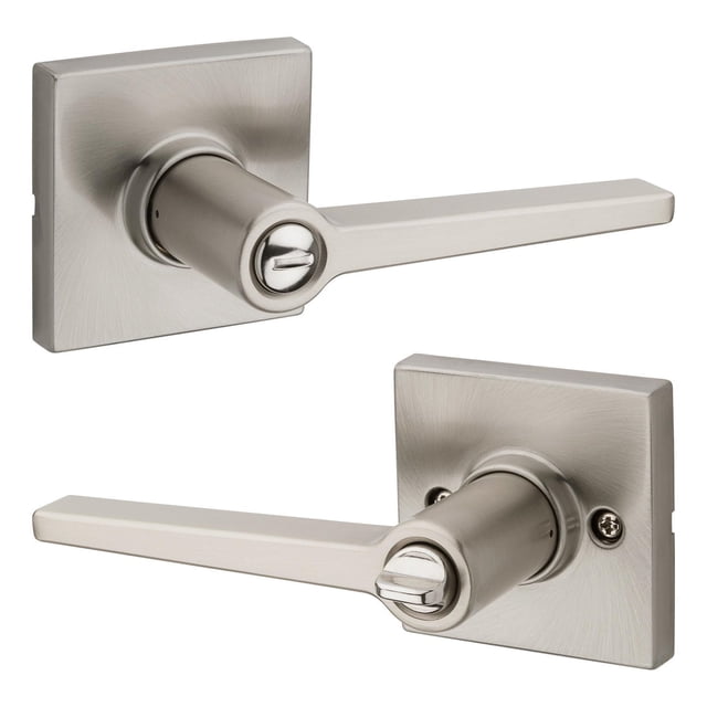 Weiser Safelock Daylon Levier d'Intimité pour Porte Intérieure en Fini nickel Satiné avec Plaque rose Carrée et Levier Entièrement Réversible, Montré sous les angles avant et Arrière, Conçu pour une installation Facile sur les Portes Intérieures Nécessitant Intimité et Sécurité.