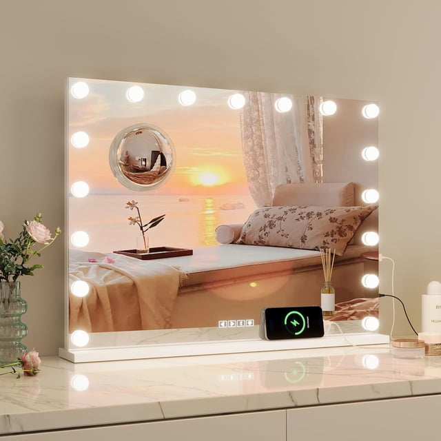 YUSAZENS Tabletop LED Makeup Mirror, 24x22 Inch Vanity Mirror with 15 LED Bulbs, 3X Magnifier Bluetooth Speaker USB Type C Charging Wall Mount White
