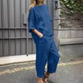 thumbnail image 2 of Yuyuzo Ensembles d'Été pour Femmes en Coton et Lin 2 Pcs Haut à Manches Mi-Longues Col Ras du Cou Pantalon à Jambe Droite Ensembles de Détente Assortis, 2 of 7