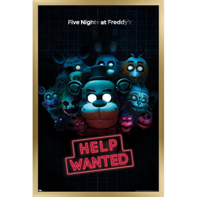 Five Nights at Freddy's - Affiche Murale Help Wanted, 22,375 par 34 Pouces, Présentant des Têtes de Personnages Animatroniques Lumineuses avec des Yeux Blancs sur un Fond à Grille Sombre et un Panneau Néon Rouge « Help Wanted », Imprimée sur Papier Lustré, Convient à la Décoration Murale de Chambre Ou de Bureau.