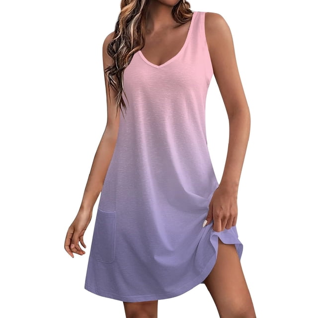 Birdeem Ladies Fashion Gradient Summer Ladies Printed Pocket Sleeveless V-Neck Dress