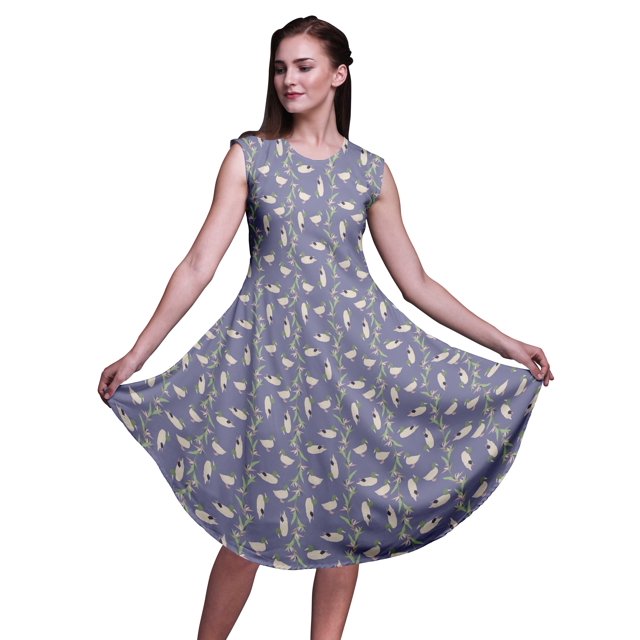 Bimba Robe d'Été Droite Sans Manches Imprimée pour Femmes à Feuilles Violettes et Oiseau Canard Colvert Longueur Genou-Xx-Grand