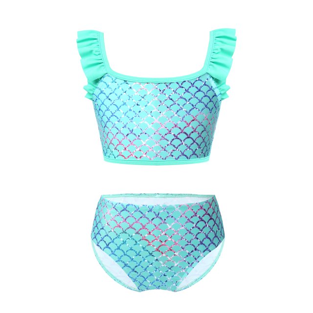 Sxiwei Little Gilrs Two Pieces Fish Scales Tankini Swimsuits Ruffle Top Bottoms Bathing Suit Green 5