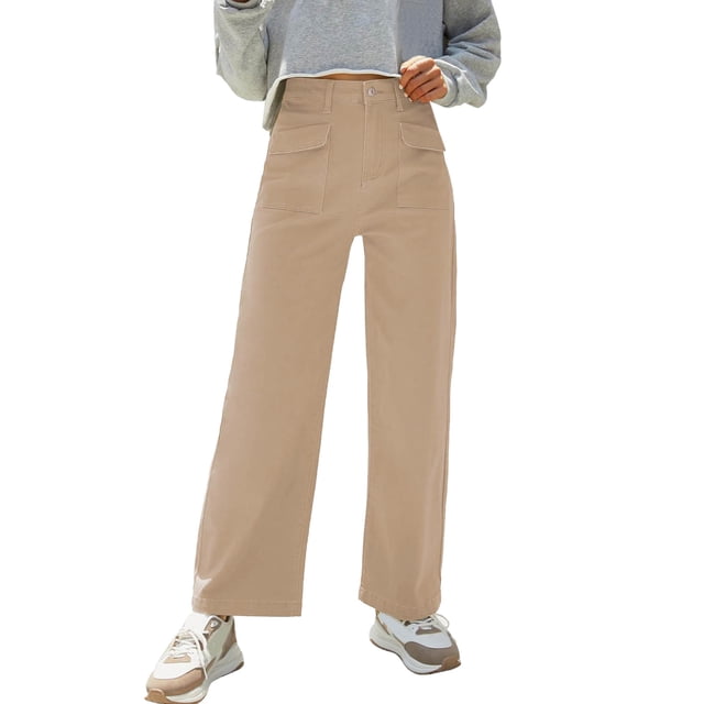 Bmisegm Jeans Cargo Amples Taille Haute pour Femmes, Kaki, TP