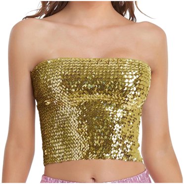 HNMKIU Athletic Racerback Tanks Shimmering Sequin Strapless Crop Top For Women Sparkly Party Performance Outfit Elegant Sleeveless Blouse For Evening Events