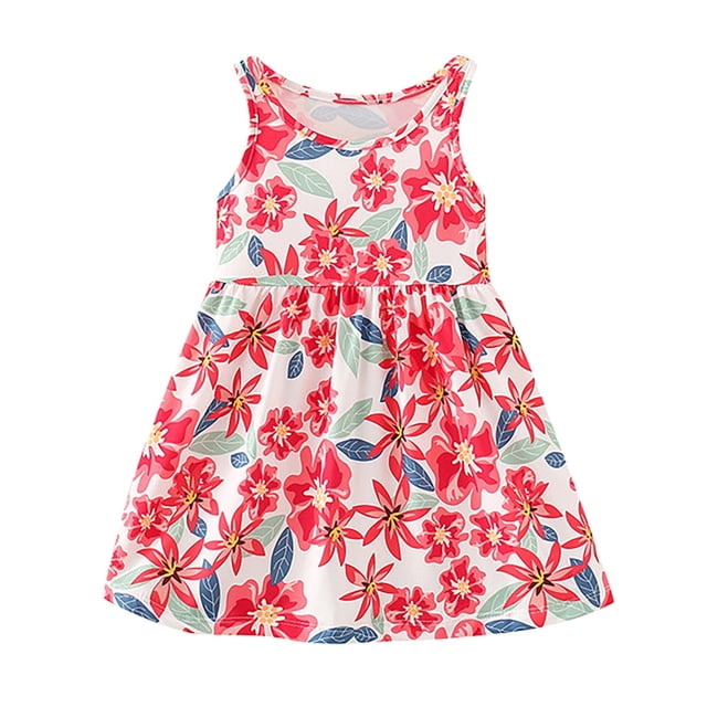 Robes de Printemps pour Filles Tout-Petits Enfants Filles Été Sans Manches à Imprimés Floraux Robe Décontractée de Danse Fête Robes pour Bébé Rose Vif 8 Ans-9 Ans