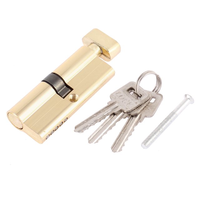 Unique Bargains 85mm Long Anti-theft Security Metal Door Lock Cylinder in gold tone, featuring a durable metal construction. Includes three keys, a mounting screw, and a lock cylinder with a 15mm diameter. Designed for enhanced security with anti-drill and anti-theft features. Dimensions: 85 x 29 x 15mm (L x W x T).