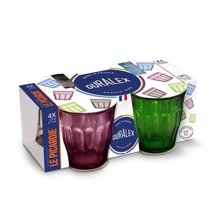 Duralex le Picardie Collection/ Verre à Eau, Jus et Soda et Cocktail 25 cl, 4 Couleurs Vert Bleu Violet Gris/ Ensemble de 4, Verre Robuste, Vaisselle