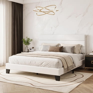 Amolife Cadre de Lit Double, Cadre de Lit Plateforme avec Tête de Lit Rembourrée en Velours, Blanc