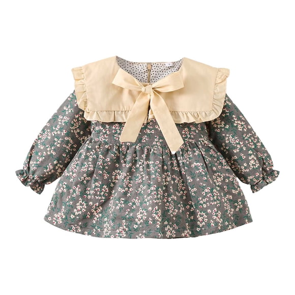 Toddler Girl Dress Baby Toddler Girl's Spring Summer Long Sleeve Floral Dress Fashion Kids Casual Dress Newborn Dress Green 6 Months-12 Months