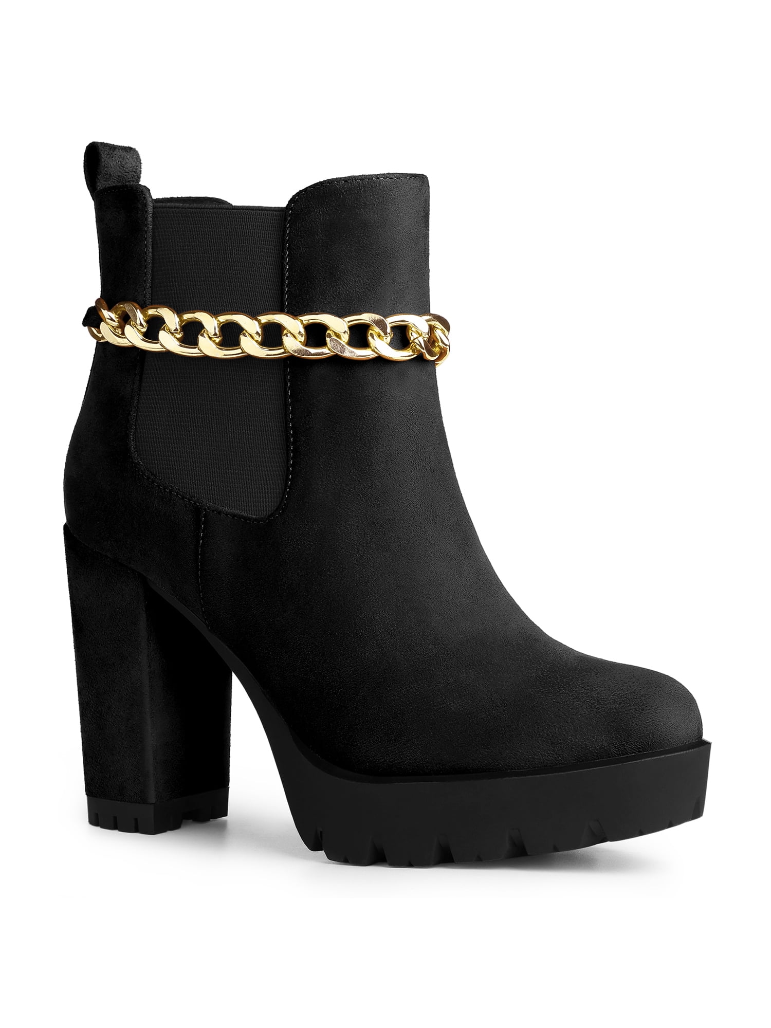 BLISSFUL STEP Women's Platform Chain Block High Heel Ankle Boots Black 7