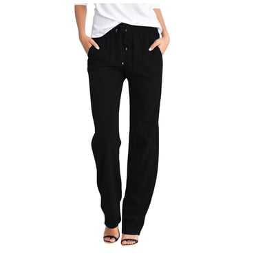 Women High Waisted Solid Straight Pants - Waist and Long Women Casual Elastic Drawstring Pants with Pockets, Polyester