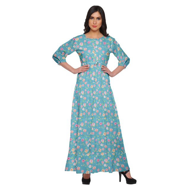 Moomaya Robe Longue à Col Rond à Manches 3/4 pour Femmes Grande Taille Vêtements d'Été