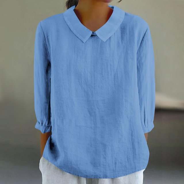 AherBiu Chemises en Lin pour Femmes Manches 3/4 Col à Revers Style Rétro Hauts Décontractés Amples Mode Automne 2024 Blouses