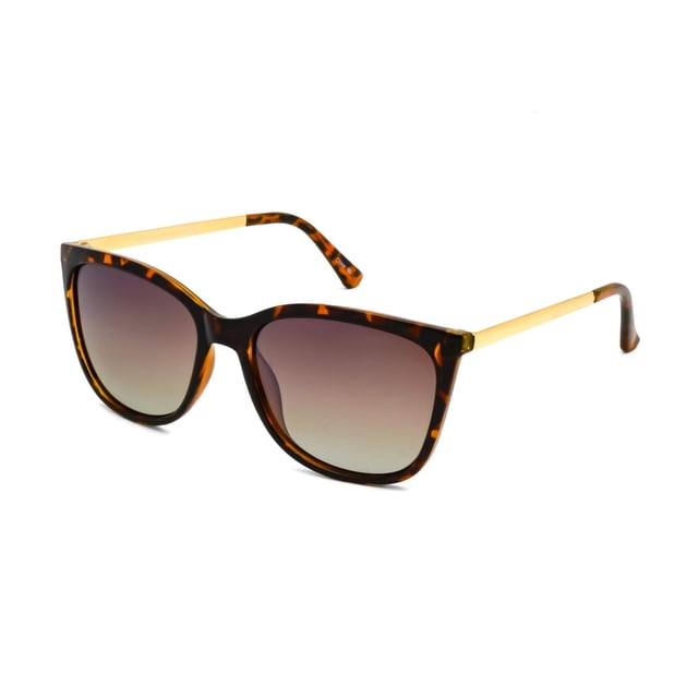 Time & Tru Women's Polarized Tort Square Sunglasses with amber tortoise textured frame and polished gold metal temples, featuring polarized gradient brown lenses that provide 100% UVA/UVB protection and reduce glare for clear vision, ideal for outdoor eye care and style.