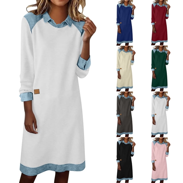 Mceream Robes Longues pour Femmes Formelles Grande Taille à Blocs de Couleur Robe Patchwork en Denim Printemps Ample Décontractée à Col Midi Robes Chandail Blanc P