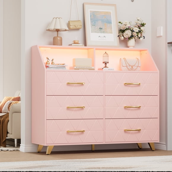 Modern 6 Drawer Dresser with LED Lights & Charging Station - Wide Wooden Storage Cabinet - Durable Metal Legs - Perfect for Bedroom, Closet, Entryway, Living Room - Color: Pink