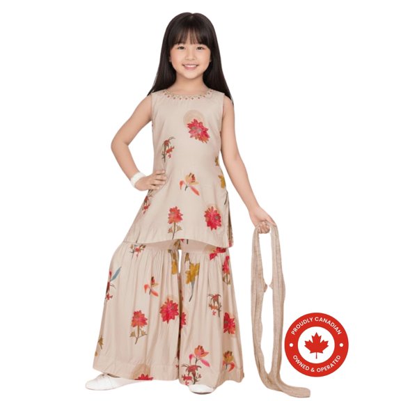 DWEEP SARA Cream Floral Kurti with Sharara Set for Girls – Festive & Party Wear, 2-3 Y(20)