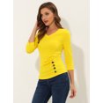 thumbnail image 2 of INSPIRE CHIC Women's Button Decor V Neck 3/4 Sleeve Ruch Top Lemon Yellow L, 2 of 5