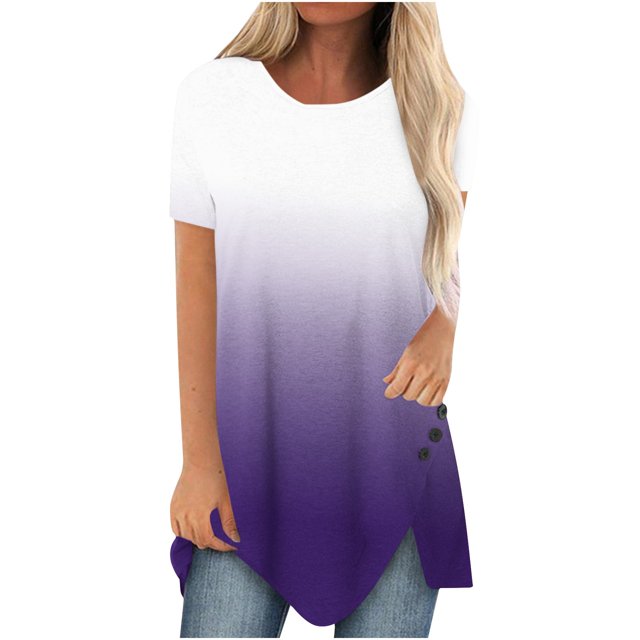 Pompotops Femmes Grande Taille Bouton Imprimé Col Rond Manches Courtes T-shirt Irrégulier Blouse Tops