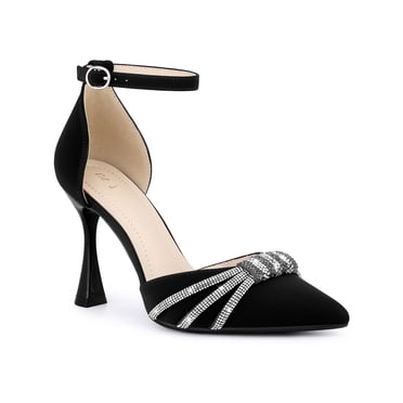 BLISSFUL STEP Pointed Toe Ankle Strap Rhinestone Stiletto High Heel Pumps for Women Black 7.5