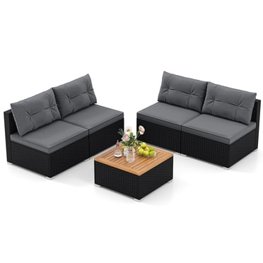 Patiojoy Ensemble de Mobilier de Patio Extérieur 5 Pcs Sectionnel en Rotin PE avec Coussins et Table Basse en Bois d'Acacia Gris