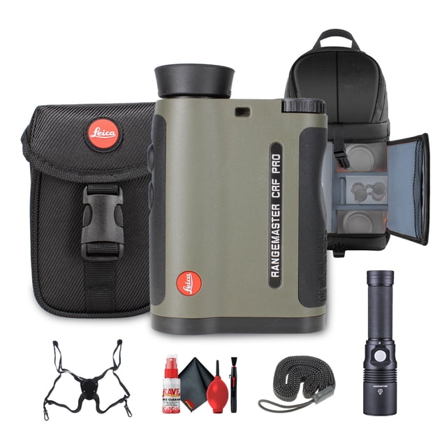 Leica 7x24 Rangemaster CRF PRO Laser Rangefinder bundle including the rangefinder with a compact olive-green design, carrying case, black backpack with organized compartments, LED flashlight, deluxe cleaning kit, and suspender harness. Designed for hunting and long-range shooting, it offers precision optics, ballistics integration, and accurate measurements up to 2,800 yards.