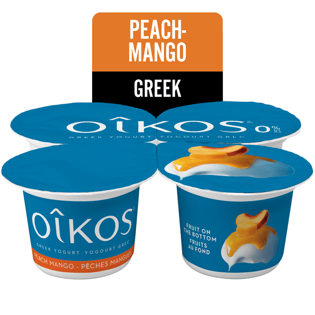 Oikos Greek Yogurt Peach-Mango fruit on the bottom 0% M.F. four-pack with blue lids and containers showing creamy nonfat Greek yogurt topped with peach and mango fruit, highlighting its smooth texture and sweet tropical flavor, often enjoyed as a nutritious snack or breakfast option.