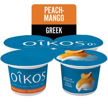 Oikos Greek Yogurt, Peach-Mango, Fruit on the Bottom, 0% M.F, 4x100g
