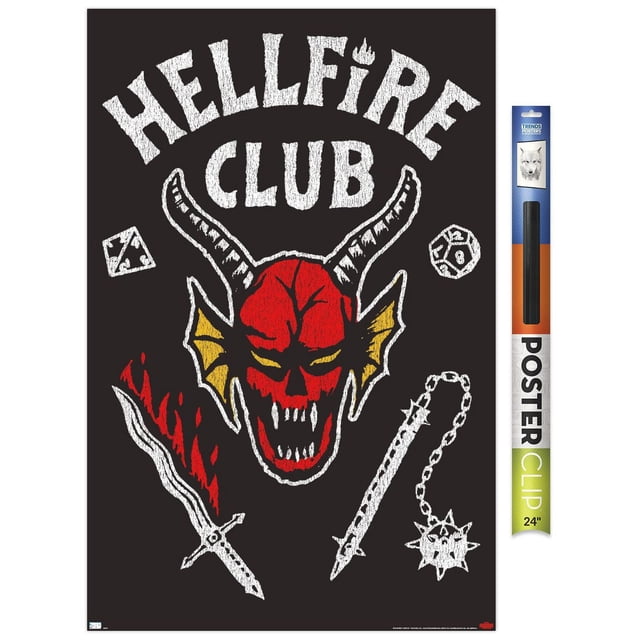 Netflix Stranger Things : Saison 4 - Affiche Murale du Hellfire Club, 14,725 Po x 22,375 Po Encadrée, Représentant un Crâne de Démon Rouge avec des Cornes Noires et des Oreilles Jaunes sur un Fond Noir, Texte Blanc « Hellfire Club » au-Dessus, Entouré d'Éléments de Jeu Fantastique à Contour Blanc Incluant une Épée Flamboyante, un Fléau à Picots et Deux dés Polyédriques, avec une Finition Satinée et un Cadre Léger Idéal pour la Déco Murale de Chambre Ou