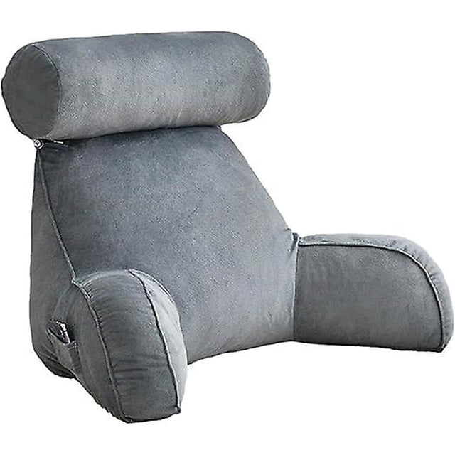 Bed Rest Reading Pillow, Large Adult Backrest Lounge Cushion in grey, featuring crystal velvet fabric and filled with 100% high-quality PP cotton. Includes armrests and a detachable neck roll for added support and comfort. Designed for sitting up in bed, reading, or watching TV. Measures approximately 75 x 40 x 40 cm.