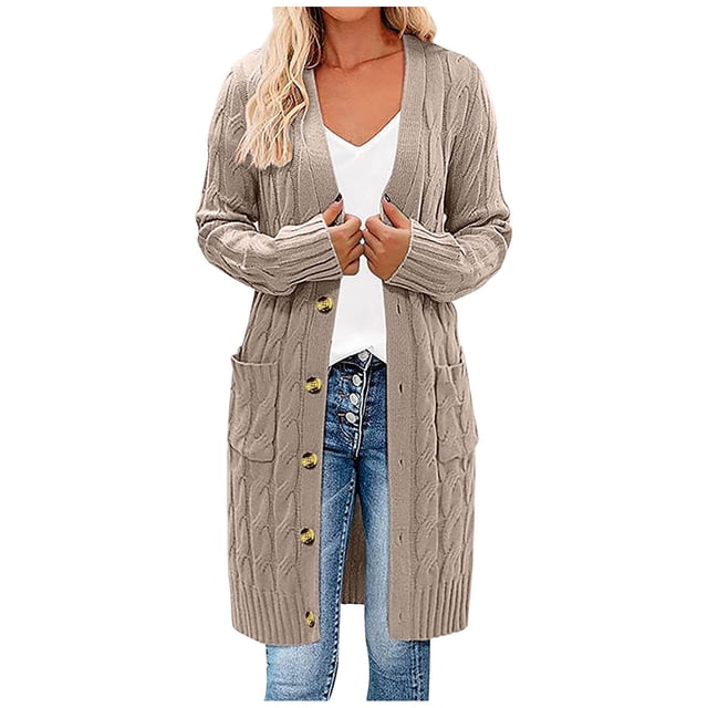 Pisexur Shacket Jacket Women Long Sleeve Cable Knit Long Cardigan Open Front Button Sweater Outerwear Pocketed Shirts Fall Jacket Shackets