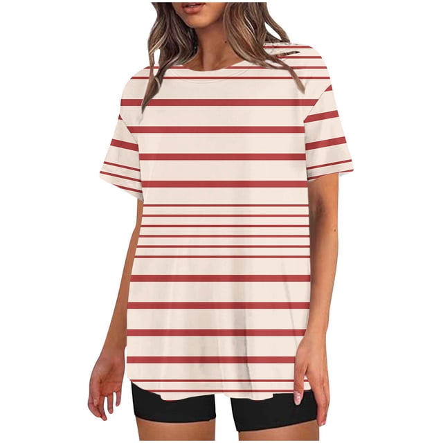 Mikilon Ensemble Élégant pour Femmes 2 Pcs Mode Décontractée Rayé Imprimé Col Rond Épaule Tombante Short Ensemble Deux Pièces Orange-B TP