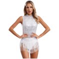 thumbnail image 4 of JanJean Justaucorps à Franges à Paillettes pour Femmes Latin Cha-Cha Tenue de Danse Performance sur Scène Compétition Justaucorps Costume Blanc TTG, 4 of 7