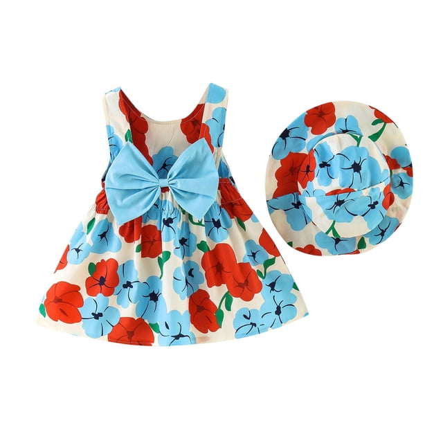 MIASHUI Ensemble de Robe d'Été pour Filles avec Nœud Floral et Chapeau de Paille Assorti pour Bleu, 2-3 Ans