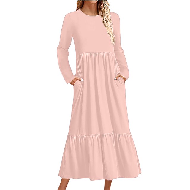 Penkiiy Robe Décontractée pour Femme à Manches Longues, Col Ras du Cou, Coupe Évasée, Robe Longue Fluide à Étages pour la Plage avec Poches, TG, Rose