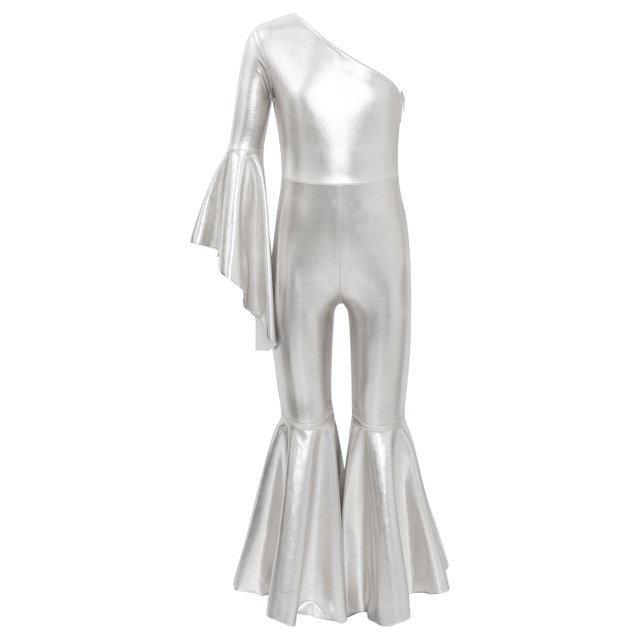 MSemis Girls Hippie Jumpsuit One Shoulder Flared Long Sleeve Bell-Bottom Pants Wide Leg Romper Disco Silver 12