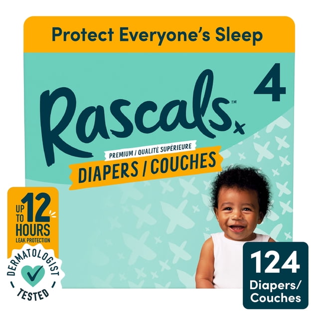 Rascals Premium Absorbent Baby Diapers, Size 4, Carton, 124 Count