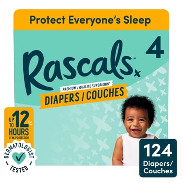 Rascals Premium Absorbent Baby Diapers, Size 4, Carton, 124 Count