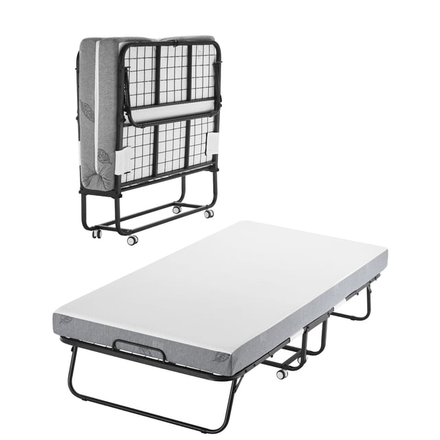 VEVOR Lit Escamotable Lit Pliant avec Matelas en Mousse de 5 Po pour Adultes et Invités. l'Image Montre le Lit en Deux configurations : Entièrement Étendu avec un Matelas en Mousse Blanc et Plié Vertical pour un Rangement compact. le Lit Présente un Cadre Métallique Noir Robuste, Quatre Roulettes pour la Mobilité, et une Housse de Matelas en polyester Doux. Conçu pour une Installation et un Rangement Faciles, Il Supporte jusqu'à 450 Lb et Est Idéal pour les Chambres d'Amis, les Hôtels Ou les arrangements de Sommeil Temporaires.