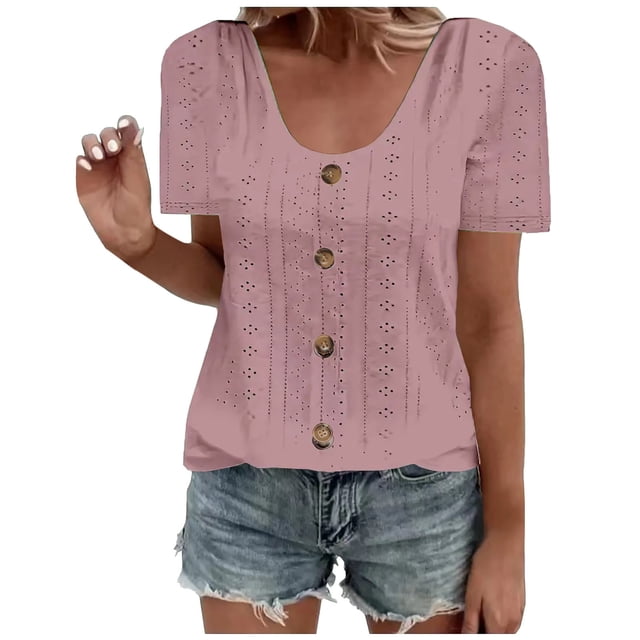 Plebaso Hauts d'Été pour Femmes Col Rond Manches Courtes T-Shirts Ajourés Décontractés Chemisiers à Boutons P-5TG